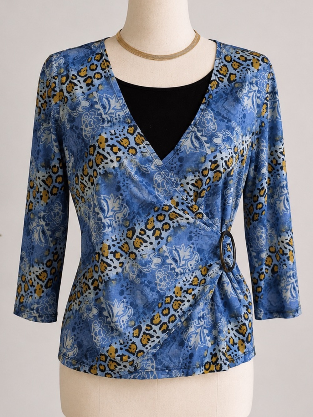 Notations Blue Floral & Leopard Wrap Top with Ring Accent